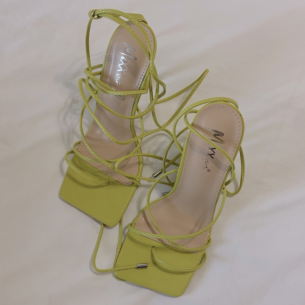 Lulus Mixx Shuz Lime Green Square Toe Lace Up Heel - Picture 7 of 8